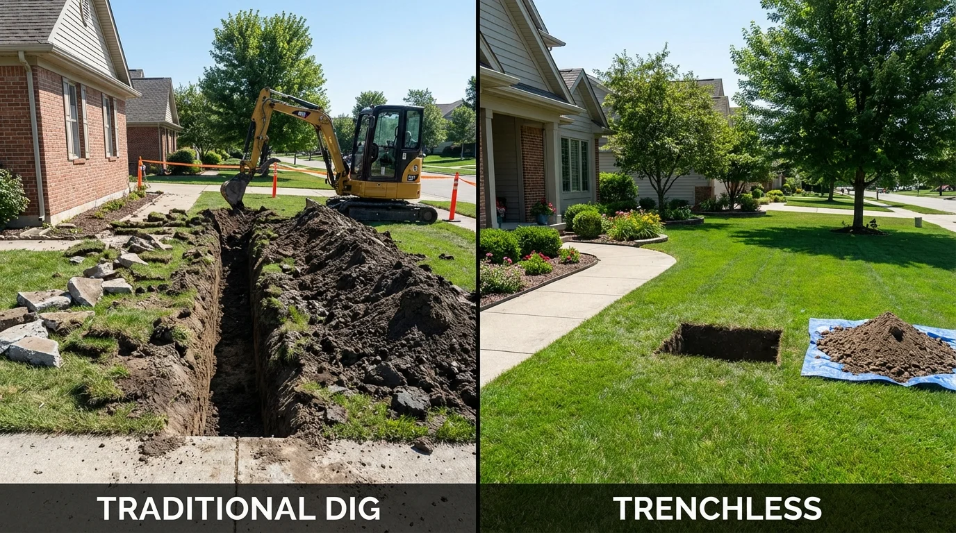 Trenchless sewer repair with minimal yard damage versus traditional excavation in Lenox, MA